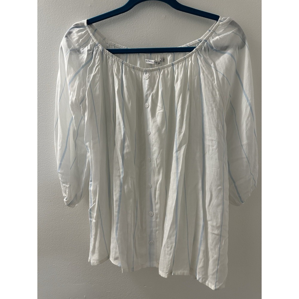 Faithfull The Brand Blouse White Blue Stripes 3/4 Sleeves Size M Handmade